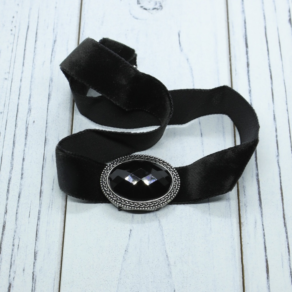 Black Velvet Choker Necklace with Faceted Gem Accent